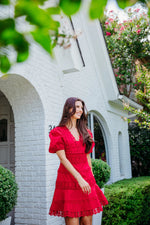 Solid Lace Trim Puff Sleeve Dress by Karlie