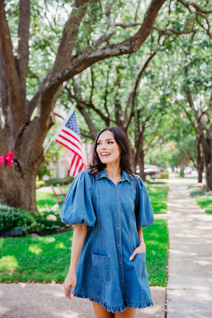 Denim Ruffle Pocket Dress by Karlie The Leopard Antler Boutique LLC Denim Ruffle Pocket Dress by Karlie The Leopard Antler Boutique LLC