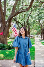 Denim Ruffle Pocket Dress by Karlie