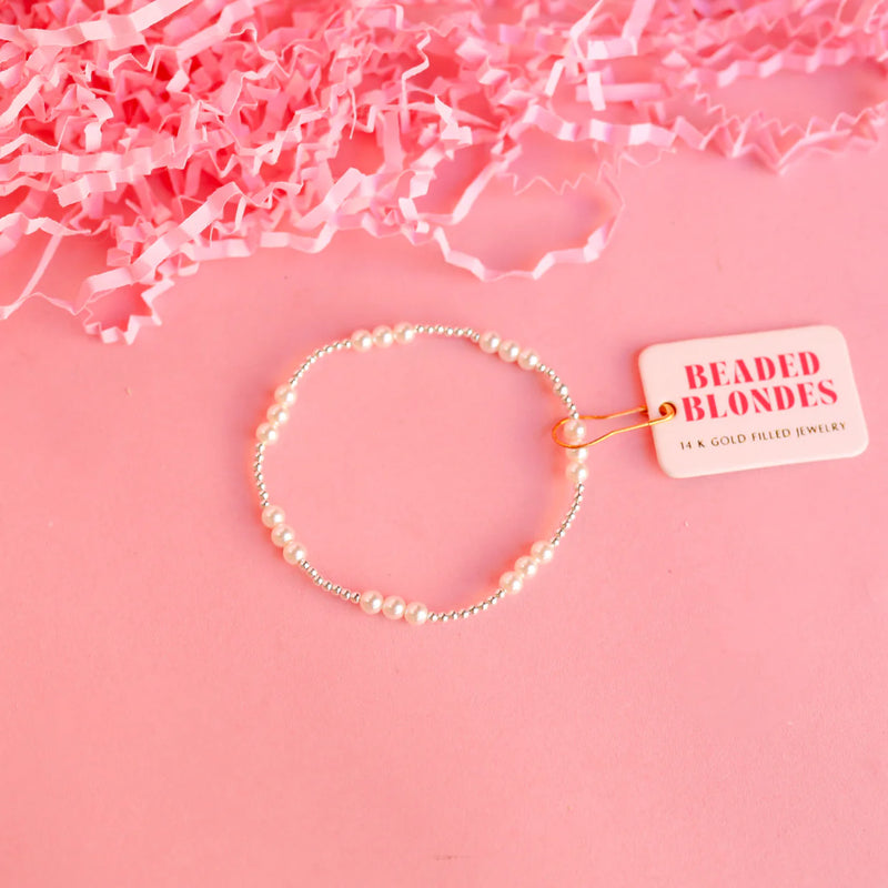 Beaded Blondes ILY Pearl Bracelet in Silver