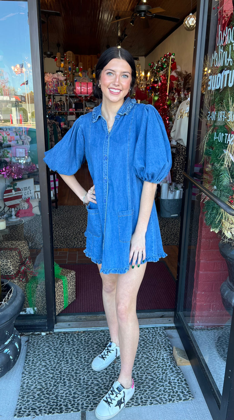 Denim Ruffle Pocket Dress by Karlie Denim Ruffle Pocket Dress by Karlie