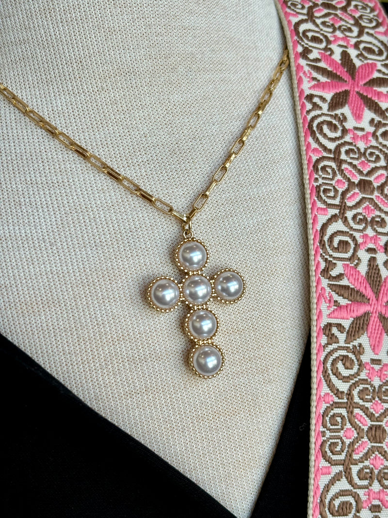 Elisha Pearl Cross Statement Necklace in worn gold