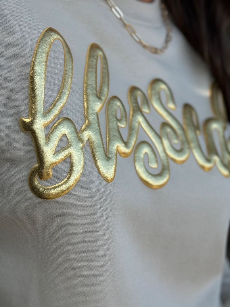 Blessed in Gold Metallic Puff Sweater