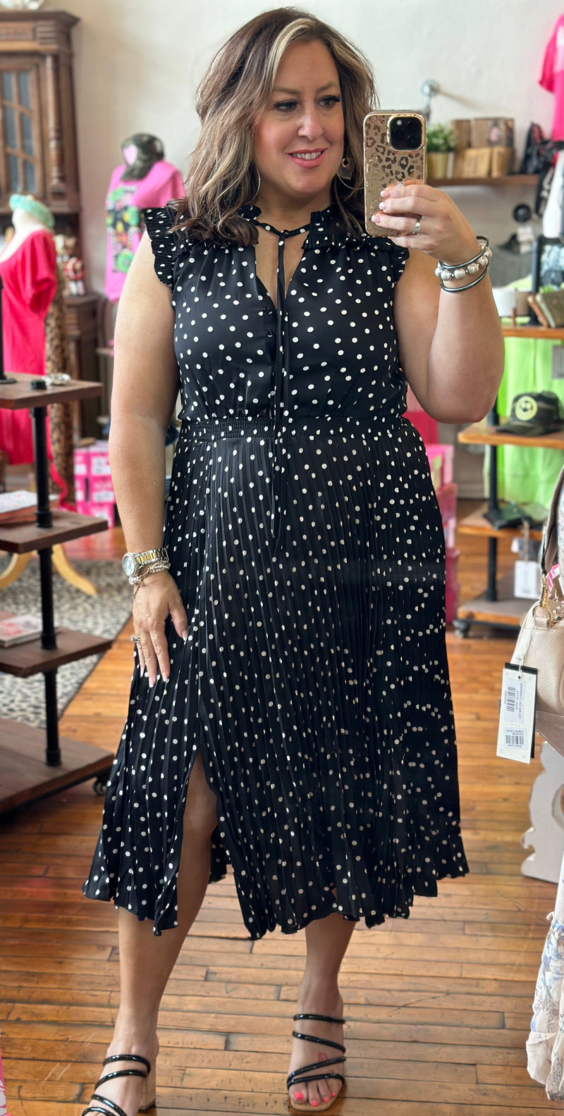 Polka Dot Pleated Maxi Dress with Side Slits