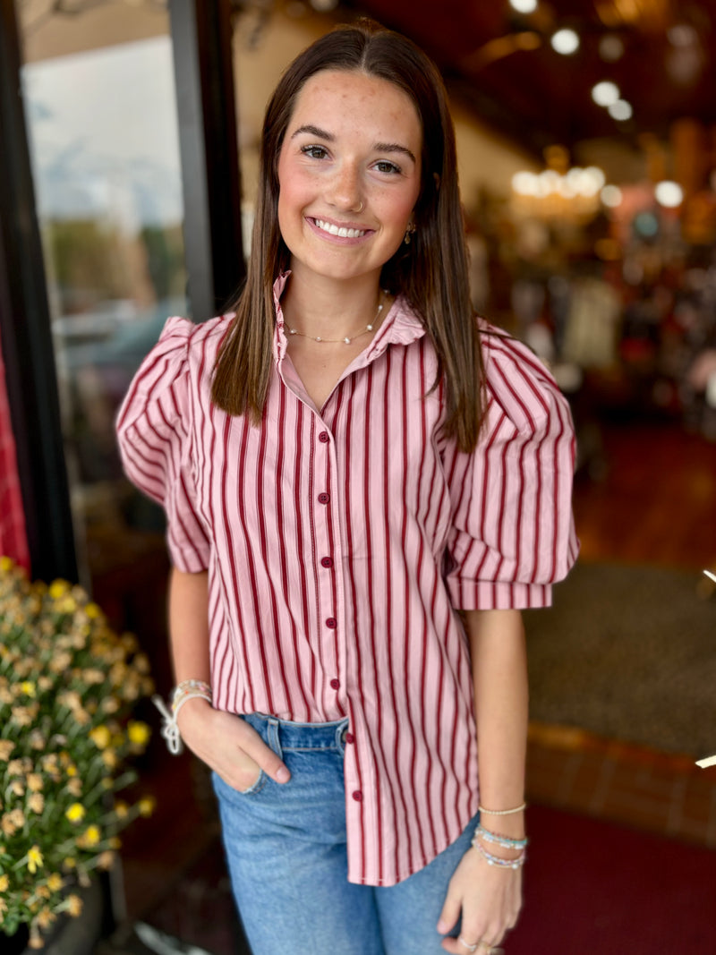 Stripe Puff Sleeve Ruffle Neck Top by Karlie