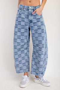 Hot to Go Checker Denim barrel Jeans