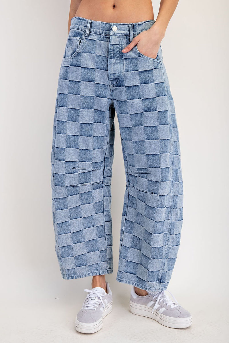 Hot to Go Checker Denim barrel Jeans
