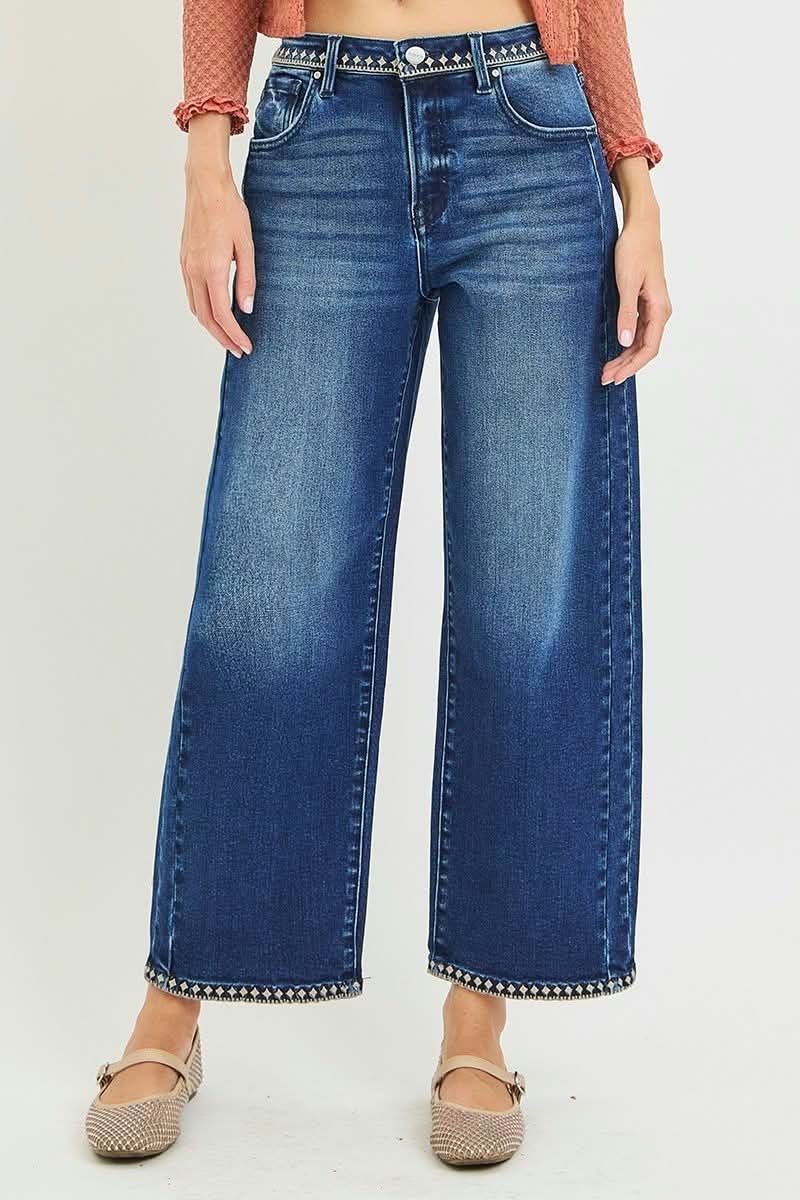 Risen Paige Embroidered Barrel Jeans