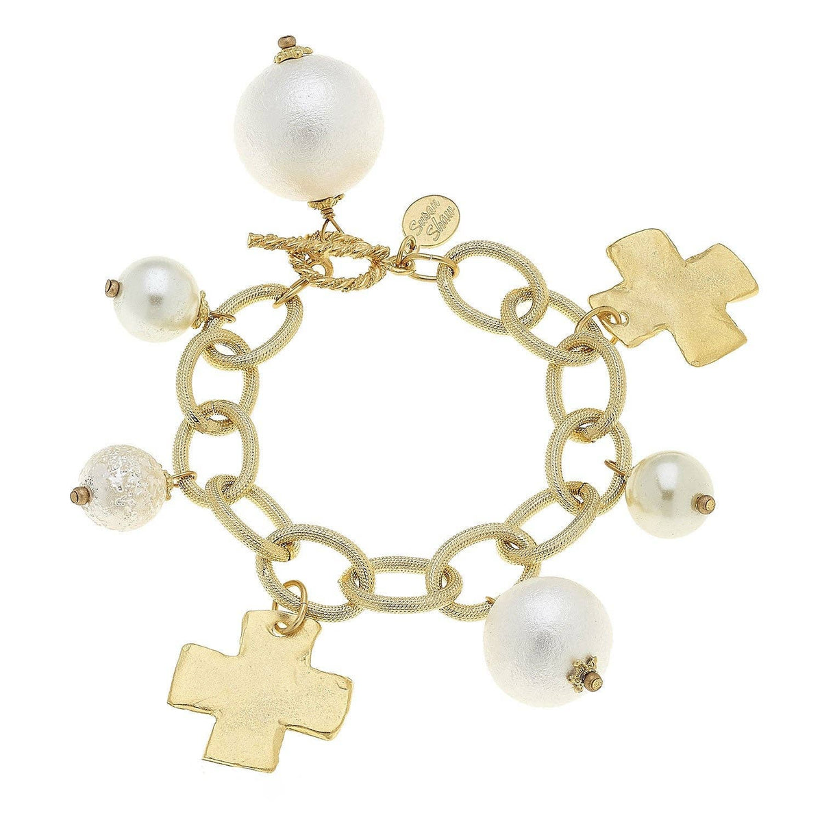 Susan Shaw Silver Cotton Pearl & Square Cross Bracelet