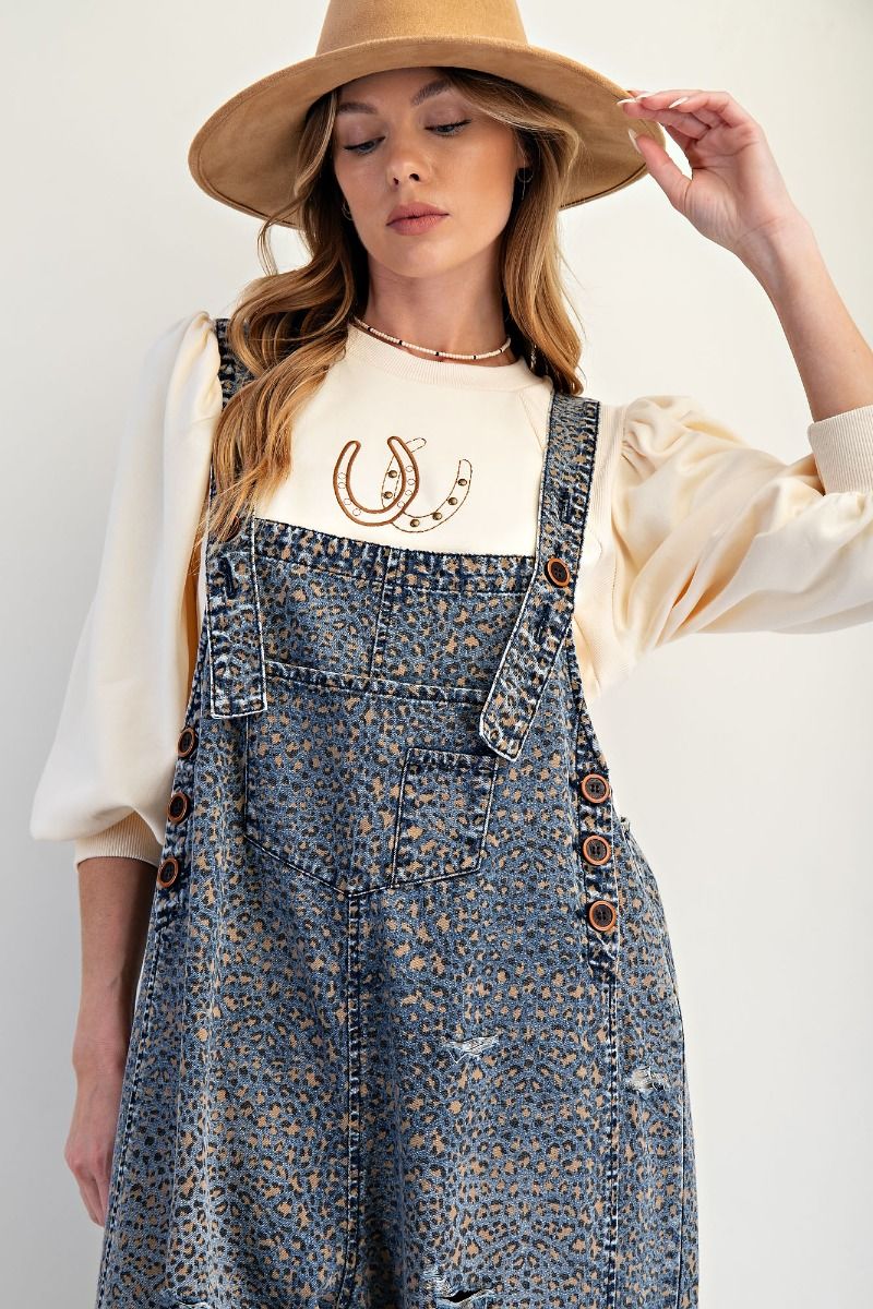 Denim Exotic Leopard Overalls