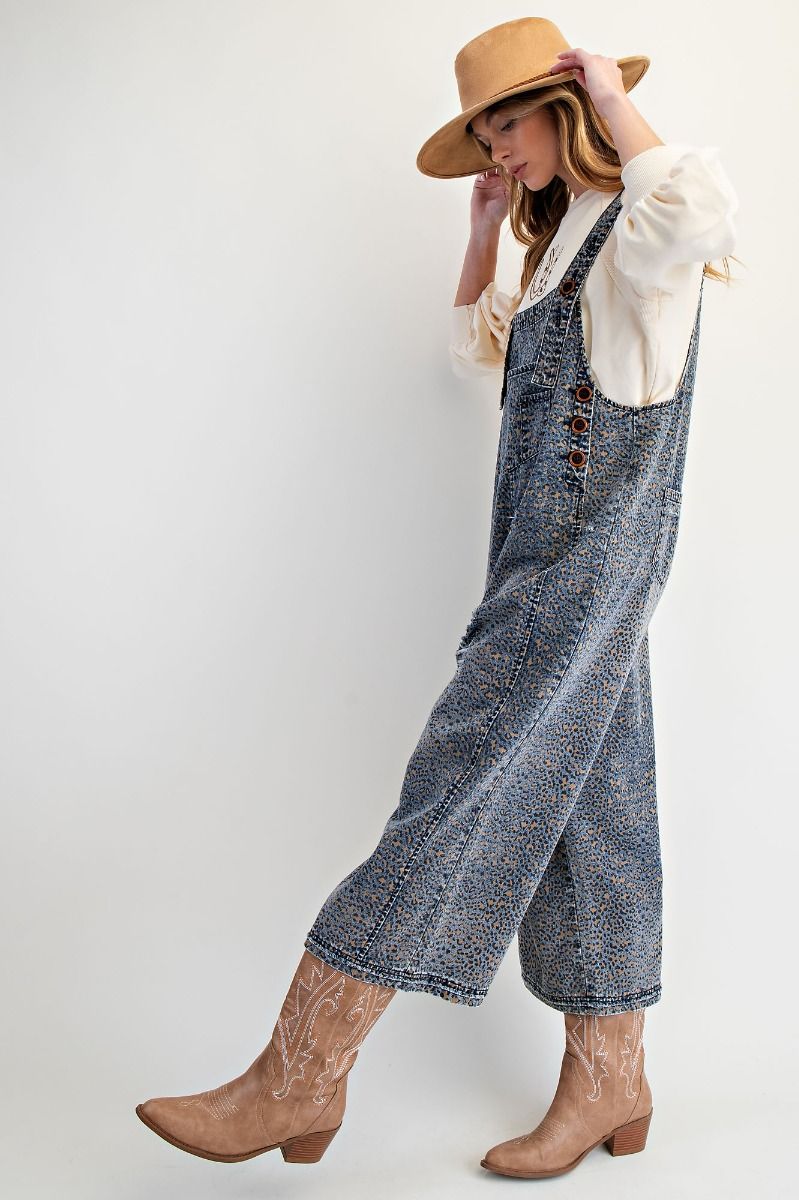 Denim Exotic Leopard Overalls