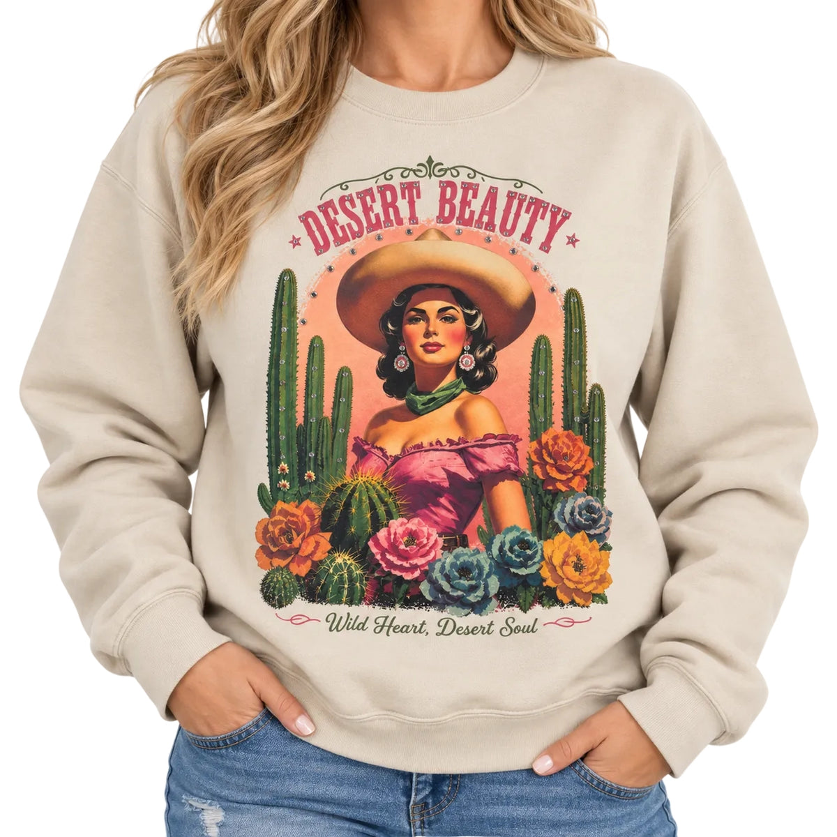 Desert Beauty Sweatshirt On Tan with Crystals