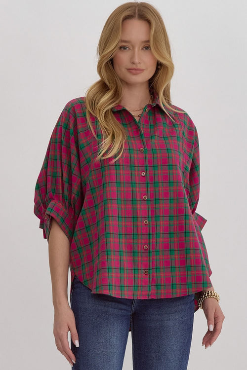 Magenta Plaid Button Up