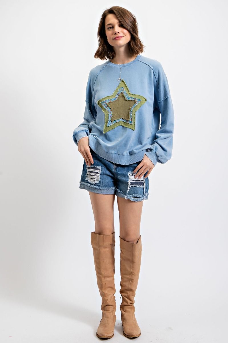 Star Patch Pullover in Washed Denim