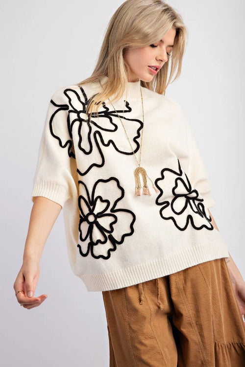 Flora Flower Sweater Top, Ivory