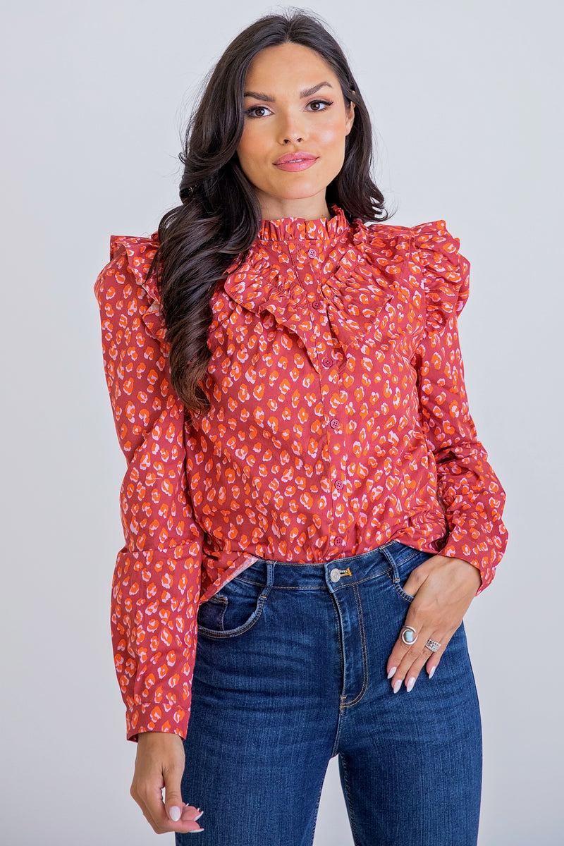 Leopard Poplin Ruffle Top by Karlie