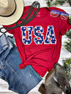 USA TEE WITH STARS IN BLUE GLITTER